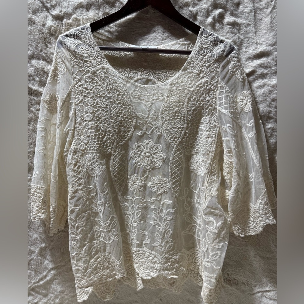 Aziza Lace Mesh floral Top Cream Edwardian Fairy Cottage size S/M Y2K Vintage